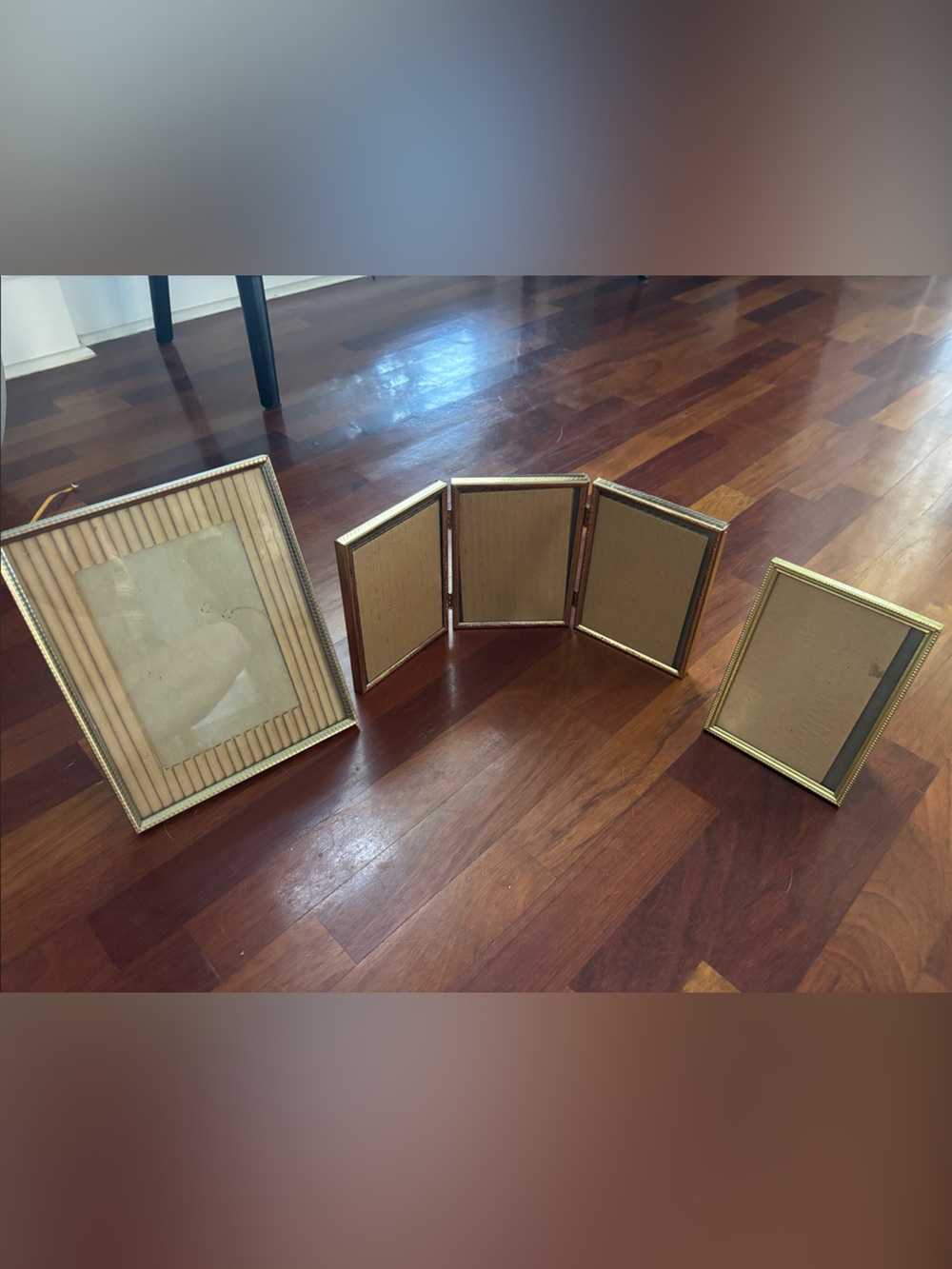 Gold Tone Hinged Folding Photo Frame- 3 panel and two additional metal frame